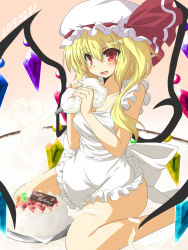 Rule 34 | 1girl, apron, blonde hair, breasts, cake, cleavage, collarbone, covered erect nipples, fang, flandre scarlet, food, goma (gomasamune), happy birthday, hat, hat ribbon, heart, heart of string, large breasts, mob cap, naked apron, aged up, open mouth, pastry bag, red eyes, ribbon, side ponytail, sitting, smile, solo, spilling, touhou, wariza, whipped cream, wings