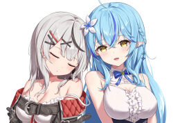 Rule 34 | 2girls, absurdres, ahoge, bare shoulders, belt, blue bow, blue bowtie, blue hair, bow, bowtie, braid, breasts, center frills, closed eyes, collarbone, ear piercing, flower, frills, grey hair, hair flower, hair ornament, hairclip, highres, hololive, kag tsukimi, large breasts, long hair, multicolored hair, multiple girls, piercing, pointy ears, sakamata chloe, shirt, simple background, sleeping, sleeping on person, sleeveless, sleeveless shirt, streaked hair, upper body, virtual youtuber, white background, white shirt, yellow eyes, yukihana lamy