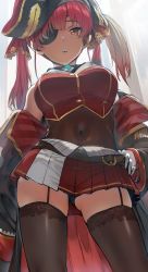 Rule 34 | 1girl, bicorne, black coat, black hat, black panties, black thighhighs, breasts, coat, commentary, covered navel, eyepatch, female focus, garter straps, gloves, gluteal fold, hair ribbon, hat, hews, highres, hololive, houshou marine, large breasts, long hair, looking at viewer, miniskirt, off shoulder, orange eyes, panties, pirate hat, pleated skirt, red hair, red ribbon, red skirt, ribbon, skirt, solo, standing, thighhighs, thighs, twintails, underwear, virtual youtuber, white gloves
