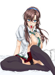 Rule 34 | 00s, 1girl, bad id, bad pixiv id, bed, blue eyes, breasts, brown hair, condom, condom in mouth, evangelion: 2.0 you can (not) advance, glasses, highres, large breasts, long hair, makinami mari illustrious, mouth hold, navel, necktie, neon genesis evangelion, no bra, open clothes, open shirt, plaid, plaid skirt, rebuild of evangelion, school uniform, shirt, skirt, solo, swimmer?, thighhighs, twintails, unbuttoned, undressing, zettai ryouiki