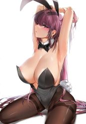 Rule 34 | 1girl, animal ears, areola slip, armpits, arms up, black bow, black bowtie, black leotard, black pantyhose, blush, bow, bowtie, breasts, cleavage, covered navel, damda, detached collar, fake animal ears, fate/grand order, fate (series), kneeling, large breasts, leotard, long hair, looking at viewer, pantyhose, parted lips, playboy bunny, purple eyes, purple hair, rabbit ears, scathach (fate), simple background, solo, symbol-only commentary, white background
