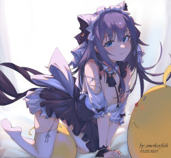 Rule 34 | 1girl, all fours, alternate costume, animal ears, artist name, azur lane, bare shoulders, blue eyes, breasts, cat ears, cheshire (azur lane), cleavage, dated, dress, enmaided, fake animal ears, fang, frilled dress, frilled hairband, frills, hairband, highres, large breasts, long hair, looking at viewer, maid, manjuu (azur lane), puffy short sleeves, puffy sleeves, purple dress, purple hair, short sleeves, skin fang, smoker fish, thighhighs, white thighhighs