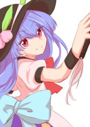 Rule 34 | 1girl, back bow, black hat, blue bow, blue hair, blue skirt, bow, bowtie, commentary request, fugaku (miko no miyatsuguchi), hat, hinanawi tenshi, holding, holding sword, holding weapon, long hair, one-hour drawing challenge, peach hat ornament, puffy short sleeves, puffy sleeves, red bow, red bowtie, red eyes, shirt, short sleeves, skirt, smile, sword, tassel, touhou, very long hair, weapon, white shirt, wrist cuffs