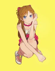 Rule 34 | 1girl, bad feet, blue eyes, breasts, brown hair, casual, cleavage, clothes lift, feet, full body, hair ornament, jewelry, kneeling, long hair, mebae, necklace, neon genesis evangelion, no panties, sandals, simple background, skirt, skirt lift, small breasts, solo, souryuu asuka langley, squatting, toes, twintails, two side up, yellow background