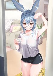 Rule 34 | alcohol, animal ears, arm up, armpit peek, black shorts, blue hair, blue nails, breasts, collarbone, couch, crotch seam, cup, dolphin shorts, doorway, glasses, hair between eyes, highres, holding, holding cup, indie virtual youtuber, indoors, large breasts, long hair, loose clothes, loose shirt, messy hair, moragon584, pillow, plant, potted plant, rabbit ears, red eyes, round eyewear, sake, sasa 44, seductive smile, see-through silhouette, shirt, short shorts, short sleeves, shorts, smile, t-shirt, thighs, virtual youtuber, white shirt