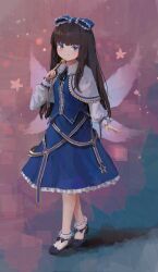 Rule 34 | 1girl, black hair, black ribbon, blue bow, blue eyes, blue footwear, blue skirt, blue vest, blunt bangs, blush, bow, capelet, commentary, crossed legs, dress, embellished costume, english commentary, fairy wings, frilled bow, frilled skirt, frills, full body, hair bow, hand up, highres, hime cut, holding, holding wand, long hair, long skirt, long sleeves, looking at viewer, neck ribbon, reddizen, ribbon, sidelocks, skirt, smile, socks, solo, star (symbol), star sapphire, star wand, touhou, vest, wand, watson cross, white capelet, white socks, wing collar, wings