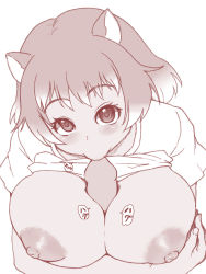 Rule 34 | 1girl, black-tailed prairie dog (kemono friends), blush, breasts squeezed together, breasts, cleavage, extra ears, heart, heart-shaped pupils, highres, isna (footprintsofisna), kemono friends, kissing penis, large areolae, large breasts, looking at viewer, monochrome, nipples, paizuri, penis, shirt, short hair, solo, symbol-shaped pupils