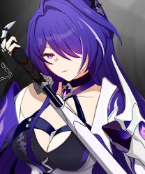 Rule 34 | 1girl, acheron (honkai: star rail), armor, bandaged arm, bandages, black background, black choker, black gloves, breasts, chain, chain around arm, choker, cleavage, coat, collarbone, commentary request, criss-cross halter, diamond-shaped pupils, diamond (shape), gloves, hair intakes, hair ornament, hair over one eye, halterneck, highres, holding, holding sword, holding weapon, honkai: star rail, honkai (series), large breasts, long hair, looking at viewer, multicolored hair, parted lips, purple eyes, purple hair, rkgkmk, scabbard, sheath, shoulder armor, single bare shoulder, solo, streaked hair, sword, symbol-shaped pupils, unsheathing, upper body, very long hair, weapon, white coat