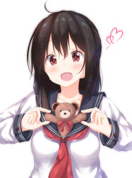 Rule 34 | 1girl, :3, :d, absurdres, ahoge, bad id, bad pixiv id, black sailor collar, blush, breasts, brown hair, collarbone, heart, highres, long hair, long sleeves, looking at viewer, medium breasts, neckerchief, numpopo, open mouth, original, red eyes, red neckerchief, red ribbon, ribbon, sailor collar, school uniform, serafuku, shirt, simple background, smile, solo, stuffed animal, stuffed toy, tareme, teddy bear, upper body, white background, white shirt