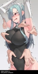 Rule 34 | 1girl, aqua hair, arm grab, tickling armpits, armpits, black leotard, blush, grabbing another&#039;s breast, breasts, covered collarbone, covered navel, detached collar, elbow gloves, gloves, grabbing, grabbing from behind, hair over one eye, highleg, highleg leotard, highres, jjune, large breasts, leotard, long hair, maid, maid headdress, original, pov, pov hands, red eyes, shaking, shiny skin, solo, steam, sweat, torso grab, upper body, white gloves