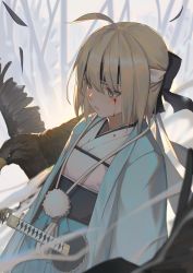 1girl ahoge animal bird black_bow blonde_hair blood blood_on_clothes blood_on_face blue_kimono bow fate_(series) female_focus hair_bow headband japanese_clothes kimono lanzi_(415460661) looking_away okita_souji_(fate) okita_souji_(koha-ace) sheath sheathed shinsengumi short_hair solo sword weapon yellow_eyes