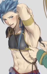 Rule 34 | 2boys, :d, abs, adjusting clothes, alternate costume, arm up, armpits, arms behind head, bad id, bad pixiv id, blue eyes, blue hair, blush, brown hair, camus (dq11), collarbone, commentary request, dragon quest, dragon quest xi, earrings, gloves, grey background, hero (dq11), highres, jewelry, long sleeves, looking at viewer, male focus, mondi hl, multiple boys, navel, open mouth, short hair, simple background, smile, solo focus, spiked hair, stomach, teeth, upper body, yaoi
