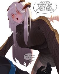 Rule 34 | 1boy, 1girl, absurdres, arknights, blush, choker, doctor (arknights), dragon tail, highres, horns, infection monitor (arknights), najashi, orange eyes, pantyhose, ribbed sweater, saria (arknights), speech bubble, sweater, tail