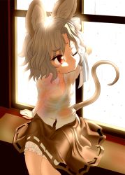 Rule 34 | 1girl, animal ears, arm up, bloomers, breasts, dress shirt, drying, female focus, grey hair, ishikkoro, mouse ears, mouse tail, nazrin, one eye closed, red eyes, see-through, shirt, short hair, sitting, skirt, small breasts, solo, sweat, tail, touhou, towel, toweling off, underwear, wet, wet clothes, wink