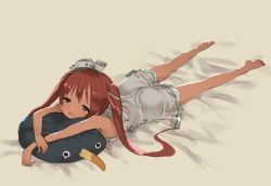 Rule 34 | 10s, 1girl, bare shoulders, barefoot, blush, brown eyes, brown hair, dark-skinned female, dark skin, dress, failure penguin, fang, full body, hair ribbon, hat, kantai collection, libeccio (kancolle), long hair, lying, natsuhiko, on stomach, open mouth, ribbon, sailor dress, simple background, sleeveless, smile, solo, twintails
