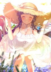 Rule 34 | 1girl, ^ ^, ^o^, alternate costume, blunt bangs, blurry, blurry foreground, blush, breasts, cleavage, closed eyes, dated, depth of field, dress, feet out of frame, field, flower, flower field, grin, hat, highres, holding, holding clothes, holding hat, idolmaster, idolmaster million live!, kitakami reika, light particles, light rays, medium breasts, neck ribbon, qs11, ribbon, ribbon between breasts, sitting, sleeveless, sleeveless dress, smile, solo, straw hat, sundress, sunlight, twintails, white dress