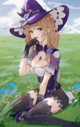 Rule 34 | 1girl, :d, absurdres, black thighhighs, blue sky, blush, breasts, brown hair, cleavage, cloud, commentary, day, dress, genshin impact, grass, green eyes, hat, highres, large breasts, lisa (genshin impact), long hair, looking at viewer, open mouth, outdoors, purple dress, purple hat, sitting, sky, smile, solo, tanac mangi, thighhighs, thighs, wariza, witch hat