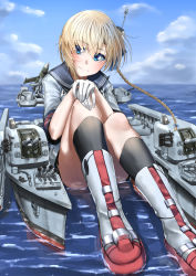 Rule 34 | 1girl, asymmetrical hair, bad id, bad pixiv id, black socks, blonde hair, blue eyes, blue sky, braid, cannon, commentary request, day, destroyer, gloves, grey jacket, half gloves, highres, hswms smaland, jacket, long hair, looking at viewer, machinery, mecha musume, military, military vehicle, missile, ocean, original, personification, ship, short sleeves, sitting, sky, smile, socks, solo, turret, twin braids, warship, watercraft, white gloves, zombie mogura