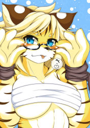 Rule 34 | 1girl, adjusting eyewear, animal ears, animal hands, bare shoulders, bespectacled, black-framed eyewear, blonde hair, blue background, blue eyes, blush, breasts, claws, cleavage, collarbone, female focus, fullbokko heroes, furry, furry female, glasses, hands up, heart, highres, large breasts, looking at viewer, megane inu, sarashi, short hair, simple background, solo, speech bubble, spoken heart, text focus, tongue, tongue out, translated, two-tone background, underboob, upper body, zhang fei (fullbokko heroes)