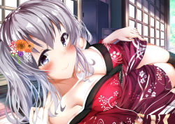 Rule 34 | absurdres, belt, black thighhighs, blue eyes, blush, breasts, closed mouth, floral print, flower, grey hair, hair between eyes, hair flower, hair ornament, highres, hiragi ringo, japanese clothes, kantai collection, kashima (kancolle), kimono, large breasts, long hair, looking at viewer, lying, outdoors, smile, solo, thighhighs, yukata