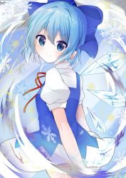 Rule 34 | 1girl, blue dress, blue eyes, blue hair, blush, bow, cirno, closed mouth, commentary, cowboy shot, detached wings, doko ka no hosono, dress, hair between eyes, hair bow, highres, ice, ice wings, looking at viewer, neck ribbon, pinafore dress, puffy short sleeves, puffy sleeves, red ribbon, ribbon, shirt, short hair, short sleeves, sleeveless dress, smile, snowflakes, solo, split mouth, star (symbol), touhou, white shirt, wings
