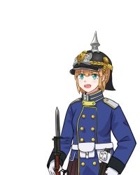 Rule 34 | 1girl, :d, aqua eyes, bayonet, belt, belt pouch, blonde hair, blue jacket, buttons, coat of arms, collared jacket, commentary request, custodian helmet, gloves, gotland (warship girls r), gun, holding, holding weapon, jacket, looking at viewer, military, military uniform, open mouth, pouch, rifle, shoulder strap, smile, solo, swedish commentary, swedish uniform, tre kronor, uniform, warship girls r, weapon, white background, white belt, white gloves, whiterose tavern