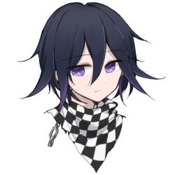 Rule 34 | 1boy, bai mao, black hair, checkered clothes, checkered scarf, closed mouth, cropped shoulders, danganronpa (series), danganronpa v3: killing harmony, expressionless, flipped hair, hair between eyes, highres, male focus, oma kokichi, purple hair, scarf, short hair, simple background, solo, white background