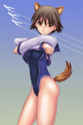 Rule 34 | 1girl, animal ears, brown eyes, brown hair, competition swimsuit, cowboy shot, dog ears, highres, miyafuji yoshika, one-piece swimsuit, sailor collar, sawwei005, shirt, short hair, solo focus, strike witches, swimsuit, tail, undressing, world witches series