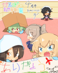 Rule 34 | 5girls, :d, anchovy (girls und panzer), anniversary, artist self-insert, black coat, black hair, black ribbon, blonde hair, blue eyes, blue headwear, blue shirt, blue skirt, bob cut, bow, box, brown eyes, brown hair, cardboard box, coat, commentary request, copyright name, crossed arms, dark-skinned female, dark skin, dixie cup hat, fang, girls und panzer, green hair, hair bow, hair over shoulder, hair ribbon, hat, hat feather, hiding, highres, indoors, jinguu (4839ms), katyusha (girls und panzer), kindergarten uniform, light brown hair, long sleeves, looking at another, looking at viewer, looking back, lying, medium hair, mika (girls und panzer), military hat, multiple girls, ogin (girls und panzer), on stomach, one side up, open clothes, open coat, open mouth, pleated skirt, ponytail, rabbit, red bow, red eyes, ribbon, shimada arisu, shirt, signature, sitting, skirt, smile, standing, thank you, translated, tulip hat, waving, white headwear