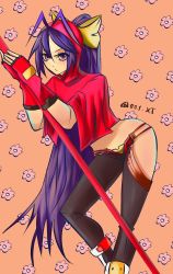 Rule 34 | 1girl, absurdres, antenna hair, blazblue, blazblue: central fiction, blazblue variable heart, bow, fingerless gloves, genderswap, genderswap (mtf), gloves, hair bow, highres, hip vent, holding, holding weapon, long hair, mai natsume, pants, pink eyes, ponytail, purple hair, solo, very long hair, weapon