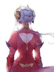 Rule 34 | 1girl, back cutout, clothing cutout, edelgard von hresvelg, fire emblem, fire emblem: three houses, from behind, horns, nintendo, robaco, simple background, solo, twitter username, upper body, white background, white hair