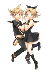 Rule 34 | 1boy, 1girl, aqua eyes, blonde hair, brother and sister, dress, hair ornament, hair ribbon, hairclip, hetero, holding hands, kagamine len, kagamine rin, mary janes, open mouth, ribbon, sailor collar, shoes, short dress, short hair, shorts, siblings, simple background, smile, socks, toudou charo, tr, twins, vocaloid