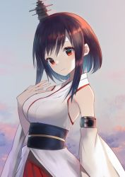Rule 34 | 1girl, bare shoulders, black hair, blush, breasts, closed mouth, detached sleeves, hair ornament, hakama, hakama skirt, japanese clothes, kantai collection, large breasts, nontraditional miko, red eyes, red hakama, short hair, skirt, smile, solo, upper body, white sleeves, wide sleeves, yamashiro (kancolle), yuzuruka (bougainvillea)