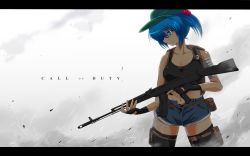 Rule 34 | 1girl, ak-74, alternate costume, assault rifle, backpack, bad id, bad pixiv id, bag, bandages, black gloves, black thighhighs, blue eyes, blue hair, breasts, call of duty, cleavage, collarbone, crop top, fingerless gloves, gloves, gun, hair bobbles, hair ornament, hat, highres, holster, kalashnikov rifle, kawashiro nitori, letterboxed, matching hair/eyes, midriff, navel, nekominase, rifle, short shorts, shorts, solo, tank top, thigh holster, thighhighs, touhou, trigger discipline, twintails, two side up, weapon