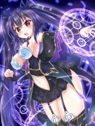Rule 34 | 1girl, bare shoulders, black hair, blush, breasts, cleavage, clenched hand, clothing cutout, commentary request, cowboy shot, detached collar, detached sleeves, from side, garter straps, hair ribbon, highres, kazuneko (wktk1024), leaning forward, long hair, looking at viewer, magic circle, medium breasts, navel, navel cutout, nepnep connect: chaos chanpuru, neptune (series), noire (chaos form), noire (neptunia), open mouth, pubic tattoo, red eyes, revealing clothes, ribbon, solo, tattoo, teeth, thighhighs, thighs, upper teeth only, very long hair