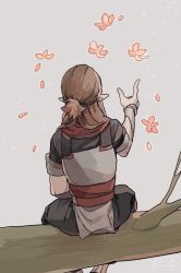 Rule 34 | 1boy, brown hair, drruraguchi, facing away, flower, from behind, grey background, hand up, highres, index finger raised, long hair, luozhu (the legend of luoxiaohei), petals, pink flower, pointy ears, short sleeves, simple background, sitting, solo, luo xiaohei zhanji