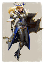 Rule 34 | 1girl, absurdres, armor, armored boots, armored dress, black gloves, blonde hair, blue dress, blue eyes, boots, border, breasts, commentary, dress, english commentary, flail, full body, gloves, gold trim, halo, high heel boots, high heels, highres, holding, holding flail, holding shield, lips, long hair, looking at viewer, medium breasts, original, parted lips, pauldrons, ponytail, shield, shoulder armor, solo, taekwon kim, teeth, thigh boots, vambraces, weapon, white border