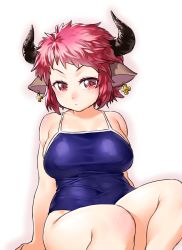 Rule 34 | 10s, 1girl, animal ears, arm support, arms behind back, breasts, competition school swimsuit, cow ears, cow horns, cross, cross earrings, curvy, draph, earrings, granblue fantasy, horns, jewelry, large breasts, one-piece swimsuit, onsoku inu, red eyes, red hair, school swimsuit, short hair, sitting, solo, sturm (granblue fantasy), swimsuit