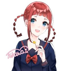 Rule 34 | 1girl, :d, artist request, asukagawa chise, black serafuku, blue eyes, bow, braid, candy, check artist, food, gridman universe, hand up, hechuan, holding, holding candy, holding food, holding lollipop, lollipop, long sleeves, open mouth, red bow, red hair, school uniform, serafuku, sidelocks, simple background, smile, solo, ssss.dynazenon, twin braids, twintails, white background