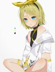 Rule 34 | 1girl, black hairband, blonde hair, blue eyes, bow, bow hairband, color guide, copyright name, facial tattoo, hair between eyes, hair bow, hairband, highres, indian style, jacket, kagamine rin, long sleeves, miniskirt, number tattoo, off-shoulder jacket, off shoulder, parted lips, short hair, simple background, sitting, skirt, solo, tattoo, thigh strap, vocaloid, wanko (yurika0320), white background, white jacket, white skirt, yellow bow