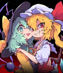 Rule 34 | 2girls, black headwear, blonde hair, bow, cocokana, commentary request, flandre scarlet, green eyes, green hair, hair between eyes, hat, hat bow, hat ribbon, heart, heart-shaped pupils, heart of string, highres, komeiji koishi, looking at viewer, multiple girls, one side up, red eyes, red ribbon, ribbon, sharp teeth, short hair, smile, symbol-shaped pupils, teeth, third eye, touhou, upper body, white headwear, yellow bow