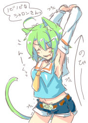 Rule 34 | 1girl, animal ears, armpits, arms up, arrow (symbol), blush, cat ears, cat tail, closed eyes, cowboy shot, detached sleeves, dodome-iro mayonnaise, green hair, midriff, open mouth, original, sharon (dodomayo), short hair, short shorts, shorts, simple background, solo, stretching, tail, translation request, white background