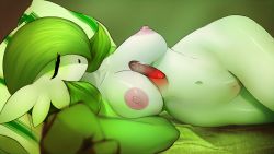 Rule 34 | 1girl, bed, bed sheet, blurry, blush, breasts, cleft of venus, closed eyes, collarbone, creatures (company), depth of field, foreshortening, game freak, gardevoir, gen 3 pokemon, green background, green hair, hair over one eye, highres, large breasts, lying, mystical (plantpenetrator), navel, nintendo, nipples, nude, on side, open mouth, pillow, pokemon, pokemon (creature), pokemon rse, pussy, shiny skin, short hair, simple background, sleeping, solo, teeth, uncensored