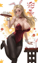Rule 34 | 1girl, absurdres, animal ears, bare arms, bare shoulders, black footwear, black pantyhose, blonde hair, blush, bow, bowtie, breasts, cleavage, commentary, detached collar, earrings, fake animal ears, food, food in mouth, hairband, high heels, highres, holding, jewelry, large breasts, leotard, long hair, looking at viewer, mouth hold, original, pantyhose, playboy bunny, rabbit, rabbit ears, red bow, red bowtie, red eyes, red leotard, shiny clothes, shiny skin, silvertsuki, smile, stud earrings, thighs, translation request, white background, white hairband, wrist cuffs