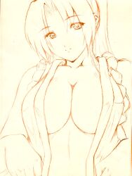 Rule 34 | 1girl, breasts, cleavage, closed mouth, commentary request, curtained hair, fatal fury, hands up, head tilt, highres, japanese clothes, large breasts, long hair, looking at viewer, monochrome, open clothes, ponytail, rope, shimenawa, shiranui mai, sketch, smile, solo, tagatamest, the king of fighters, traditional media, upper body
