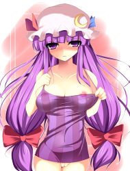 Rule 34 | 1girl, bad id, bad pixiv id, blush, bow, breasts, crescent, crescent hat ornament, female focus, hair bow, hat, hat ornament, large breasts, long hair, nipples, no bra, no panties, patchouli knowledge, purple eyes, purple hair, pussy, see-through, shikano sumiaki, solo, touhou, twintails, uncensored