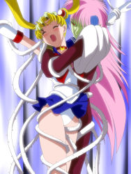Rule 34 | 1990s (style), 1boy, 1girl, bishoujo senshi sailor moon, bishoujo senshi sailor moon r, bishoujo senshi sailor moon r: the movie, blonde hair, blush, colored skin, eyebrows, fiore (sailor moon), green skin, highres, moaning, pain, pink hair, red eyes, restrained, retro artstyle, sailor moon, sexually suggestive, tentacles, thorns, tsukino usagi, twintails