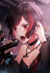 Rule 34 | 10s, 1girl, ahoge, backlighting, bang dream!, bare shoulders, bari dal, black choker, black hair, black jacket, blush, breasts, choker, cleavage, close-up, earphones, fingernails, glint, hand up, highres, holding, holding microphone, jacket, jewelry, long sleeves, medium breasts, microphone, mitake ran, multicolored hair, music, necklace, off shoulder, open clothes, open jacket, open mouth, pendant, purple eyes, red hair, sexually suggestive, short hair, singing, solo focus, streaked hair, sweat, swept bangs, teeth, unzipped, upper body, v-shaped eyebrows
