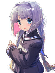 Rule 34 | 1girl, :d, aged down, akayama yukihe, black sailor collar, blue hair, blunt bangs, blunt ends, blush, braid, child, commentary, hair intakes, hand up, highres, kanon, long hair, long sleeves, looking at viewer, low twin braids, minase nayuki, official alternate costume, official alternate hairstyle, open mouth, sailor collar, simple background, smile, solo, twin braids, upper body, very long hair, white background