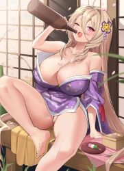 Rule 34 | 1girl, absurdres, ahoge, arm support, bar censor, blonde hair, blush, bottle, bottomless, breasts, censored, cleavage, dango, food, hair ornament, highres, holding, holding bottle, japanese clothes, kimono, large breasts, long hair, looking at viewer, off shoulder, one eye closed, open mouth, original, pink hair, pussy, sake bottle, saucer, shouji, sitting, sliding doors, smile, solo, somyo (s0my0), wagashi, wide sleeves